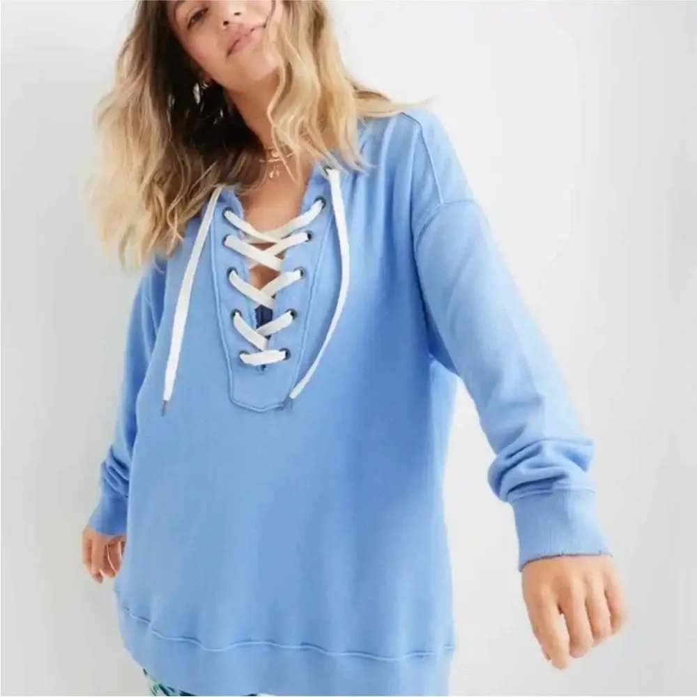 Aerie Light Blue Lace Up Oversized Pullover Sweatshirt XS